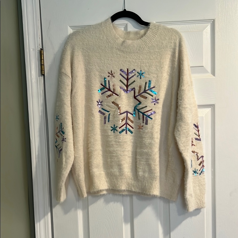 Cozy Cream Sweater with Colorful Snowflake Design